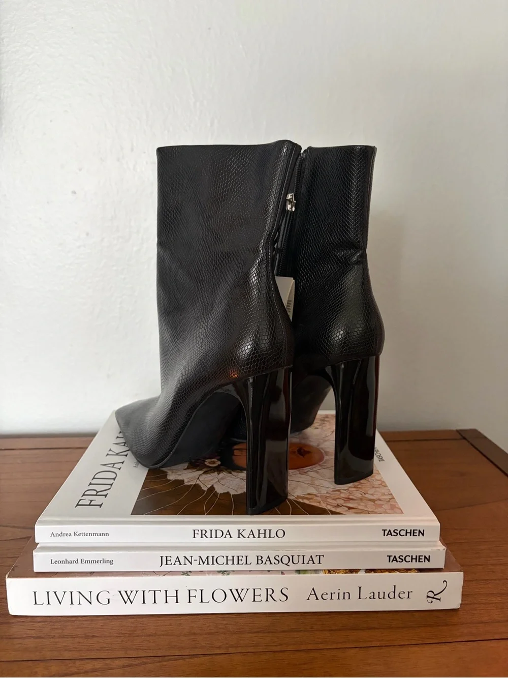 Zara Black Textured Square-Toe Mid-Calf Ankle Boots